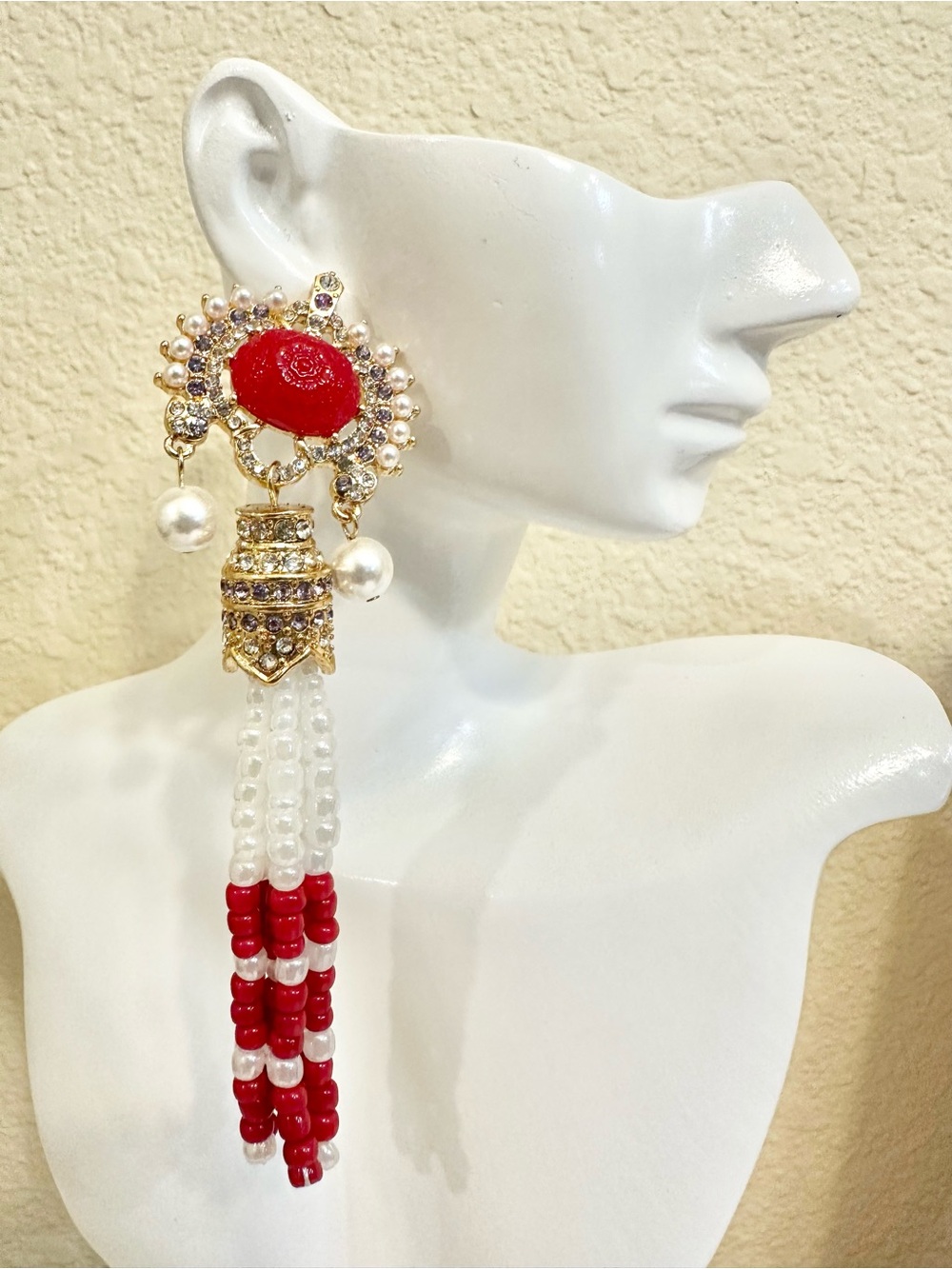 GoldPlated Southeast Asian Red/White Glass Beaded Tassel Earrings w/CZ Accents